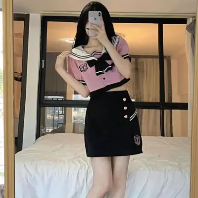 핑크 반팔 하트버클 마린 세라복