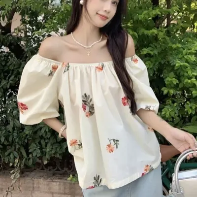 블라우스 여름 꽃무늬 오프숄더 밴딩 셔츠 여성 상의