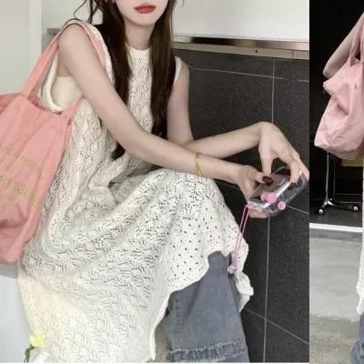 여리여리 레이어드룩 뒷트임 시스루 짜임 롱 조끼 니트 베스트