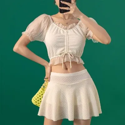은창]퍼프 쉬폰 미들 스트링 투피스 수영복 비키니 모노키니 래쉬가드 일체형 치마 세트 몸매보정 치마 세