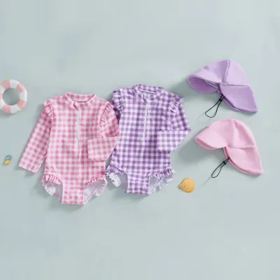 여자아기수영복 6-12개월 12-18개월 18-24개월 2-3세 3-4세 모자 달린 체크