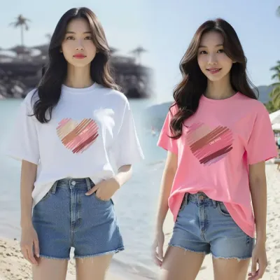 여자 오버핏 프린팅 유넥 반팔 티셔츠 박스티 5부 실켓 쿨 티셔츠 빅사이즈