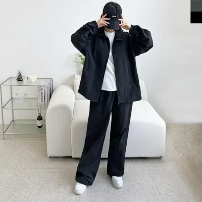 블랙 와이드 여자집업 오버핏 바람막이 나일론자켓 여성셋업 바지 골프바람막이 점퍼