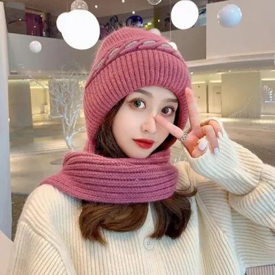 방한 니트 모자 목도리 일체형 퍼플 겨울 후드 워머