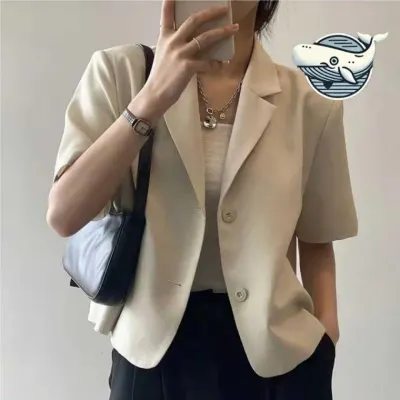 여름 투버튼 반팔 자켓 세미크롭 오피스와 정장 레더 여름 루즈핏 여성 여자 울 자켓 트위드 가죽 퀄팅