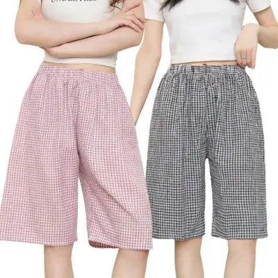 여성 체크 5부 반바지 밴딩 홈웨어 여름 파자마 팬츠 와이드 루즈핏 겨울 홈웨어 수면 파자마 포근한