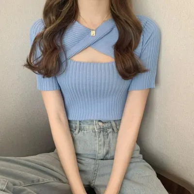 골지 얇은 크롭니트 반팔 꼬임 여성 이너 티셔츠