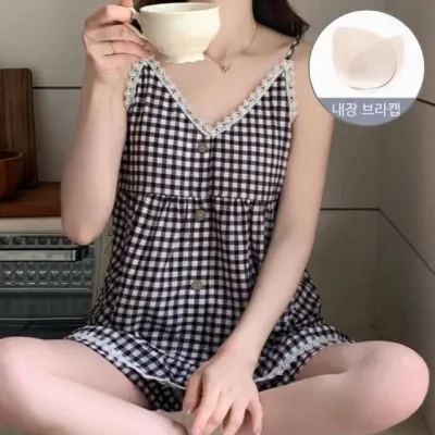 체크 민소매 잠옷 캡내장 파자마 홈웨어 세트 여름 여성