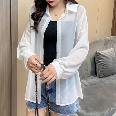 여름 루즈핏 시스루 셔츠 2color 여성 비치 흰색 검정