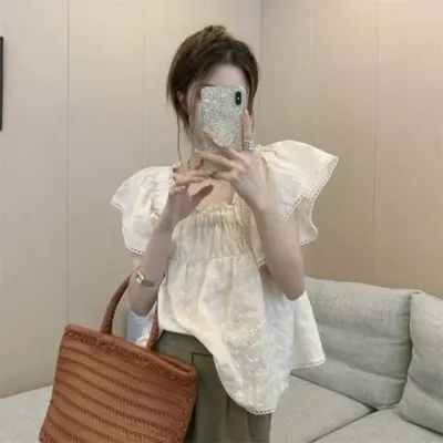 여성 반팔 블라우스 펀칭 레이스 셔츠 여름 데일리 홈웨어