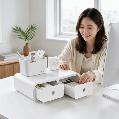 모니터받침대 2홀 라운딩 책상 정리함 컴퓨터 데스크 거치대 수납 트레이