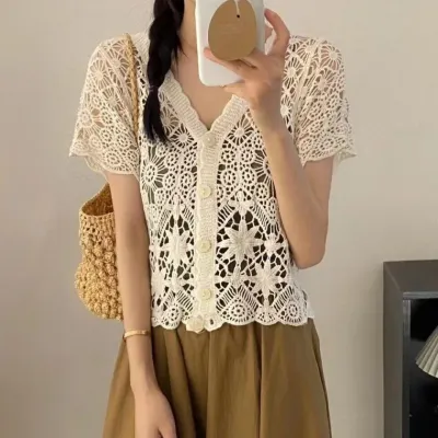 여성 크로쉐 뜨개 반팔 브이넥 여름 가디건 베이지 예쁜 브이넥 가디건 셰 썸머니트 여름 이쁜 쉐