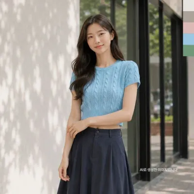 CPP 5011 여자 라운드 꽈배기 케이블 크롭 반팔 니트