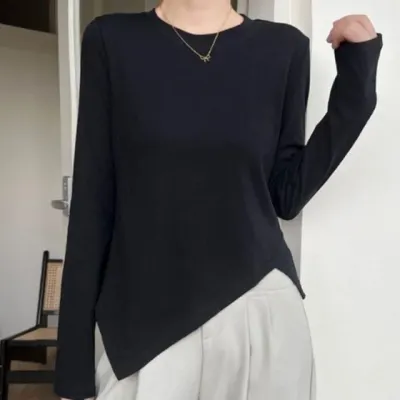 라운드 긴팔 언발란스 긴팔티 티셔츠 페미닌룩 데일리룩