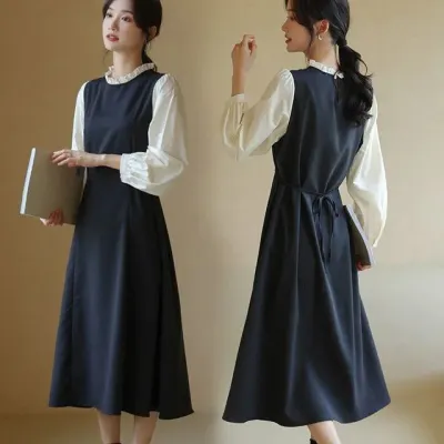 레이스 넥라인 허리끈 여성