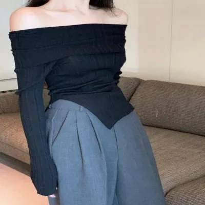 오프숄더 골지티셔츠 오프숄더티셔츠 언발란스 여성의류 여성 컷팅 2컬러