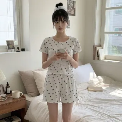 벨레리본프멓팔반바지 세트 홈소녀 남성 홈 쓰리피스 긴팔 이지 상하 여성 밍크 슬립 실내복 투피스 원피스