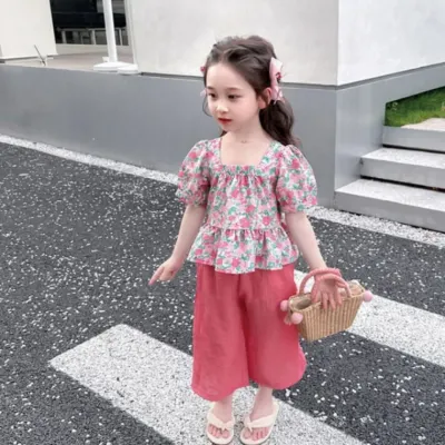 여아 아동 플라워 반팔 블라우스 긴바지 팬츠 상하세트