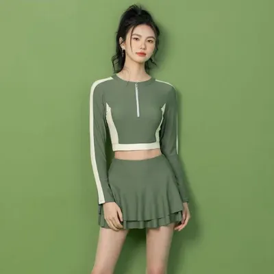 은창)올리브 반집업 캉캉 스커트 투피스 수영복 비키니 모노키니 래쉬가드 치마 세트 여름 휴가
