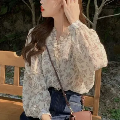 레이스 블라우스 플라워 프릴 쉬폰 여성 봄 가을 3색