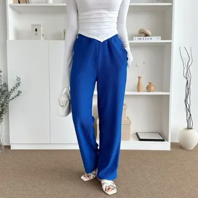 블루 골지 와이드 팬츠 오르티 여자
