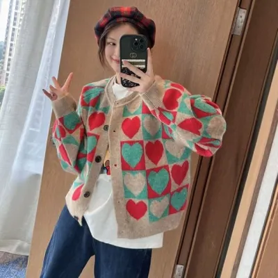 하트 패턴 배색 니트 가디건 루즈핏 아우터
