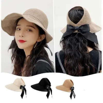 여성 리본 돌돌이 썬캡 챙넓은 와이어 밀짚 모자