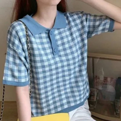 카라 단추 반크롭 니트티 꾸안꾸 여름면티 여름티셔츠