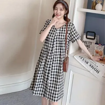 브이넥 체크 원피스 반팔 버튼 패턴 여름 데일리 홈웨어 룩