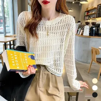 루즈핏 그물 니트 시스루 망사 긴팔 니트티 여름 여성