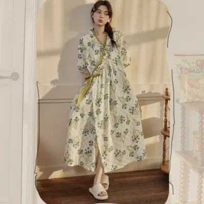 [오렌느]블루 플라워 올리브 캡내장 랩가운
