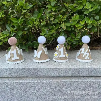 생일모자 일제 아마포 나비 국화 아동 첫돌 생일 숫자 장식 모자 아기 파티 축하 촬영 모자