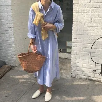 스트라이프 셔츠 롱 원피스 오버핏 임산부 빅사이즈 캐주얼 편안한 여성 의류