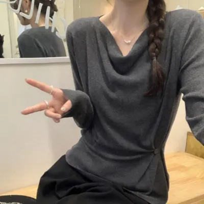 이너 옆버튼 랩 드레이프 랩스타일티셔츠 슬림핏 티셔츠 보들보들 여성티셔츠 스타일 데이트룩