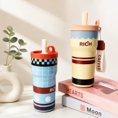 316스텐 550ml 리치 텀블러 보온보냉 휴대용 대용량 빨대 이중구조 커피잔 맥주잔 사무실컵 캠핑컵