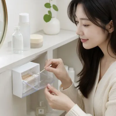 스윙 화장품 면봉 보관함 부착식 수납 케이스 화장대 정리함