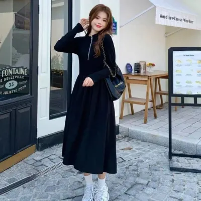 올블랙 반집업 A라인 롱