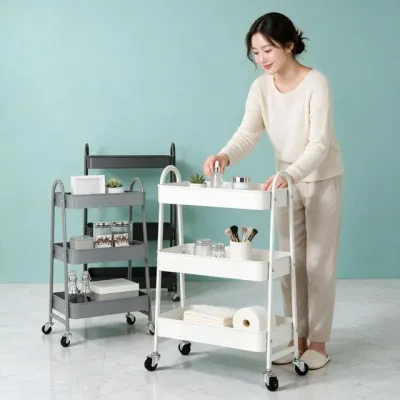 미용실 트롤리 3단 철제 카트 이동식 수납 선반 업소용 정돈 샵 공방 스탠드 랙