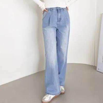 와이드 데님 팬츠 여성 핀턱 청바지 연청 워싱 바지