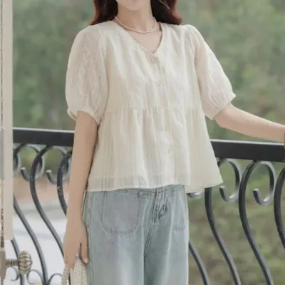 브이넥 여리핏 플레어 반팔 캐주얼 블라우스 브이넥블라우스 여성스런블라우스