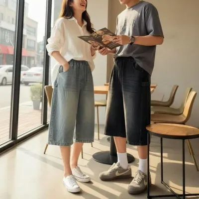 남녀 버뮤다 데님 스냅 공용 사이드 커플 버뮤다턱