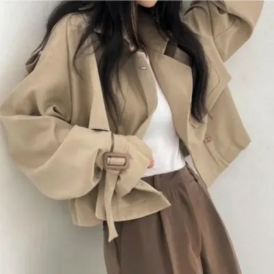 트렌치코트 여성 간절기 숏 아우터 베이지 더블 자켓 크롭 점퍼