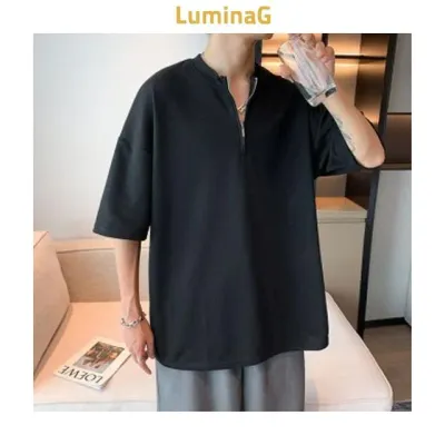 남성 반집업 반팔 티셔츠 차이나넥 카라 오버핏 넥카라 지퍼