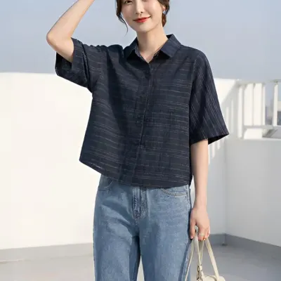 여성 여름 린넨 세미크롭 카라 티셔츠 블라우스 네이비 옐로우