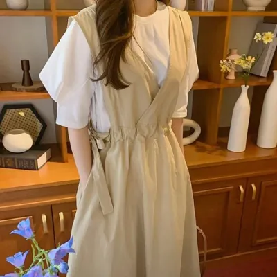 베이지 멜빵 원피스 롱원피스 뷔스티에 여성 여름 루즈핏 롱드레스 빅사이즈