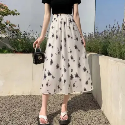 LND(당일출고) 여성 플라워 쉬폰 밴딩 롱스커트 A라인 데일리 치마 여름