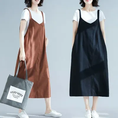 은창]어스톤 핀턱 코튼 린넨 혼방 뷔스티에 원피스 여름 치마 면혼방 원피스 기본핏 퍼프 조끼 롱