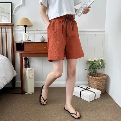 오렌지 시어서커 엠보싱 밴딩 여자 반바지 잘렌