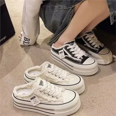 여성 뮬 운동화 여성 통굽 뮬 스니커즈 데일리 플랫폼 캔버스 가을 키높이 오픈백 하이 높은 로우 워커