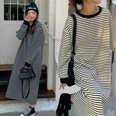 원피스 스트라이프 긴팔 라운드넥 여성 가을 겨울 간절기 롱티